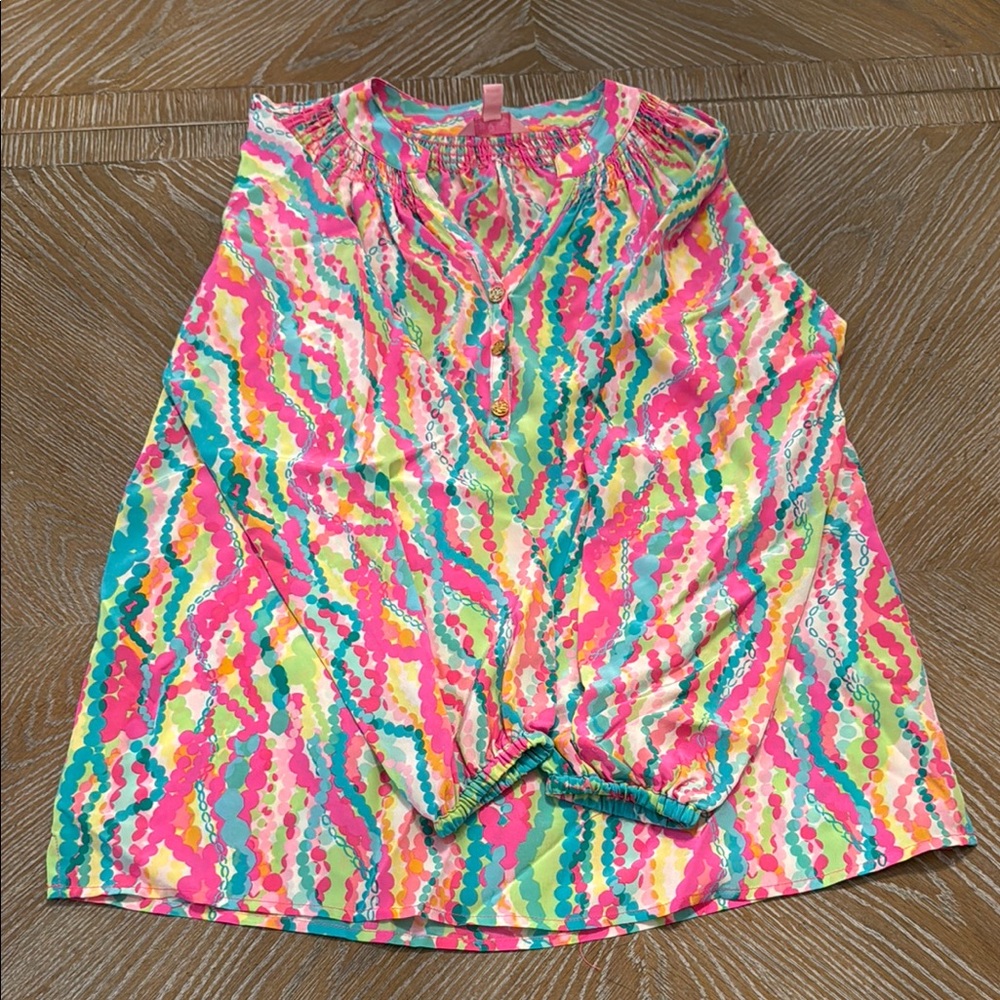 Lilly Pulitzer Pink and Blue Sleeveless Ruched Blouse